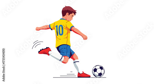 Dynamic illustration of a young soccer player in action, poised to strike the ball with focused energy, showcasing youth and athleticism in a vector