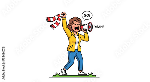 Animated woman cheering with megaphone and scarf, embodying team spirit and enthusiastic support for winning