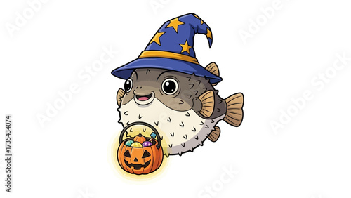 Halloween Pufferfish with magic Hat: An adorable illustration of a charming pufferfish dressed up for Halloween as a wizard.