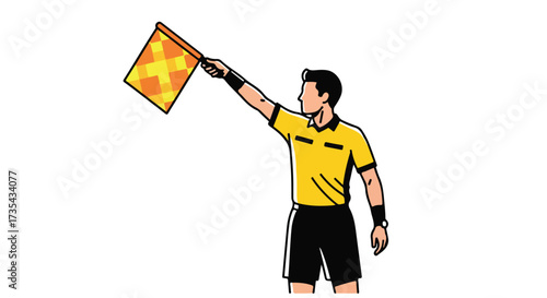 Illustrated soccer referee signaling with a checkered flag providing an illustrative representation of a sports official and rules enforcement on