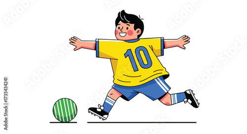 Enthusiastic young soccer player cartoon kicking ball, depicted with dynamic pose and vibrant colours in stylized illustration evokes youthful