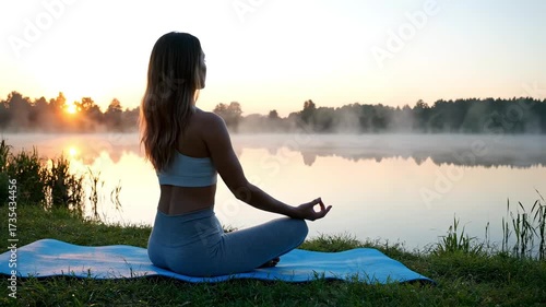 Woman meditating in lotus pose by misty lake at sunrise