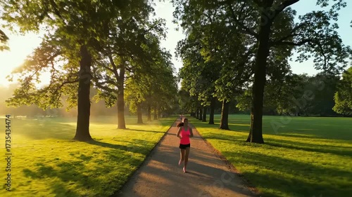 Woman jogging on tree-lined park path at sunrise with morning mist