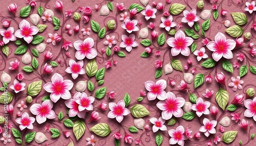 Intricate, swirling botanical design featuring delicate blossoms and leaves, flowers, botanical pattern