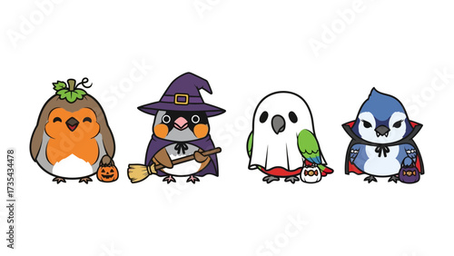 Halloween Birds Parade: A delightful and colorful illustration showcasing four unique birds dressed in playful Halloween costumes, ready for a night of trick-or-treating. 