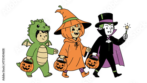 Halloween Carnival March: Three adorable kids, costumed as a dragon, a witch, and a vampire, gleefully parade through the Halloween carnival, each clutching a festive pumpkin-shaped treat bucket.