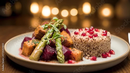Gourmet vegan dish with quinoa and roasted vegetables on plate