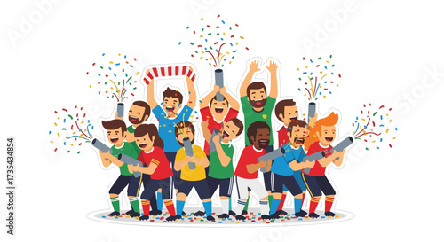 Jubilant cartoon soccer team enthusiastically celebrating victory with confetti and cheering showcasing team spirit and joyous unity and teamwork
