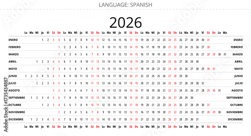 Spanish 2026 linear calendar for plan. Printable vector illustration Spain