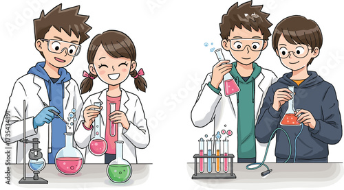 Students conducting chemistry experiments, science lab teamwork, colorful liquids, safety goggles, hands-on learning, STEM education, collaborative study, test tubesclassroom activity