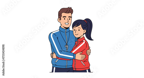 Supportive Coach and Athlete Bond: A Heartfelt Embrace in Sportswear Symbolizing Team Spirit and Dedication to Mutual Success