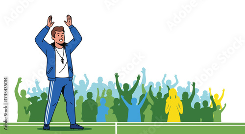 Enthusiastic coach celebrates victory with cheering crowd showcasing team spirit and success illustration for promotional material 153 characters