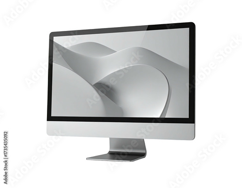 A modern desktop computer with a grayscale abstract wavy wallpaper on the screen
