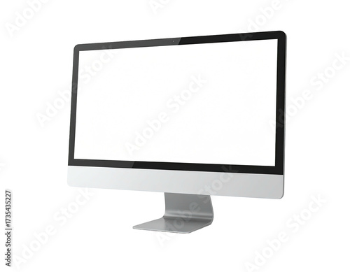 Angled view of a silver and black all-in-one computer with a blank white screen