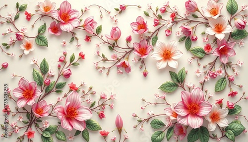 Intricate, flowing botanical design with delicate blooms and leaves,  textile,  ornate