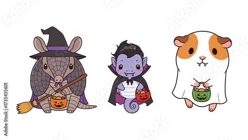 Whimsical Halloween Parade: Delightful illustrations of Halloween creatures dressed up for the spooktacular season, each adorned with spooky outfits and filled with the spirit of trick-or-treating.