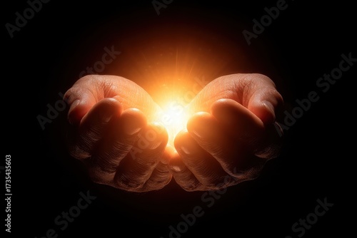 Beacon of Hope: Human hands cupping and illuminating bright and light source and radiating positivity on a pitch-black background, symbolizing faith, potential, and spiritual well-being.