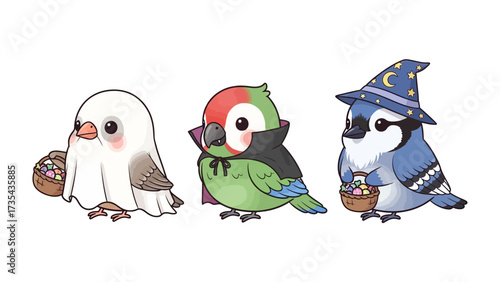 Whimsical Halloween Birds: Three adorable avian friends dressed in charming Halloween costumes prepare to trick or treat, embodying festive spirit and youthful fun.