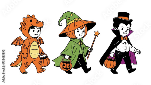 Halloween Costume Parade: Adorable kids in costumes stroll, spreading Halloween joy with smiles and trick-or-treat buckets in hand, a celebration of festive fun and childlike wonder.