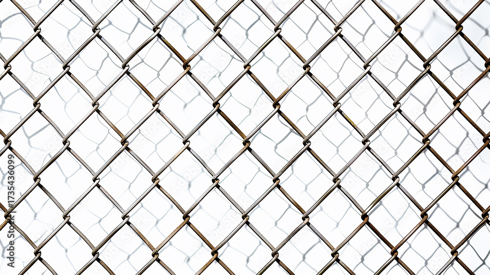 Fototapeta premium metal mesh chain link fence texture Isolated on a white background, backdrop
