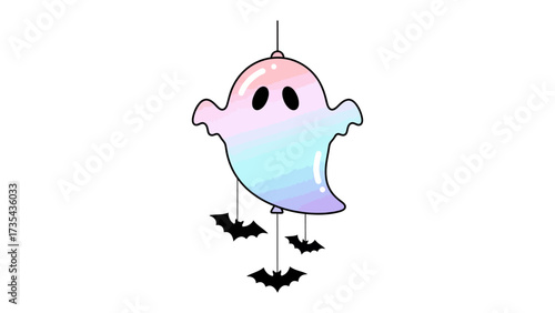 Ghost Decoration: A whimsical ghost decoration, adorned with three bat ornaments, is suspended in a light setting, radiating playful charm and Halloween vibes.