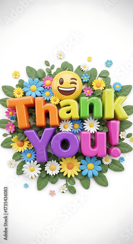 Colorful 3d letters spelling thank you surrounded by a vibrant mix of flowers and leaves, with a winking emoji
