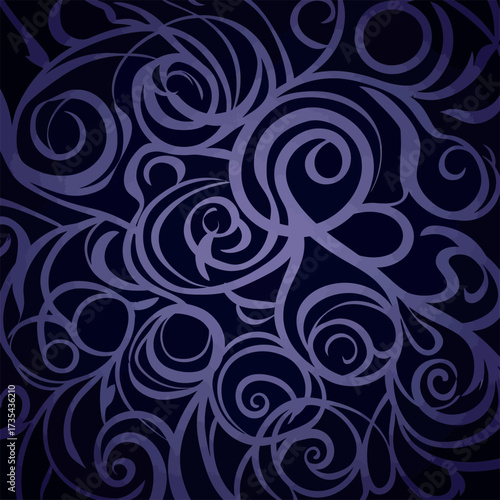 An abstract background with intricate purple swirls and curls on a dark navy blue canvas.