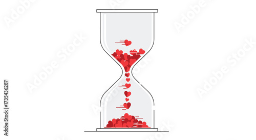 Hourglass with red hearts falling through the narrow passage symbolizing time and love, Generative AI.