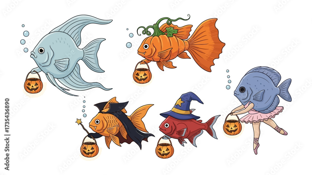 Fototapeta premium Whimsical Halloween Fish: A charming collection of five uniquely costumed fish, playfully swimming through an underwater fantasy, each with a Halloween-themed bucket.