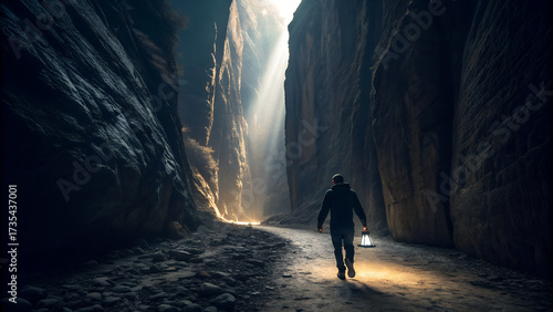 Traveler walking through dramatic rocky canyon holding lantern with sunlight beams breaking through cliffs perfect for adventure themes, exploration visuals and cinematic landscape backgrounds