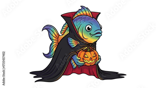 Fish in Vampire Costume: An illustrated fish, embodying Halloween spirit in a vampire costume and pumpkin, blending aquatic and spooky elements.