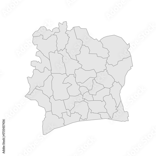 Ivory Coast political map of administrative divisions - regions and autonomous districts. Grey blank vector editable map EPS.