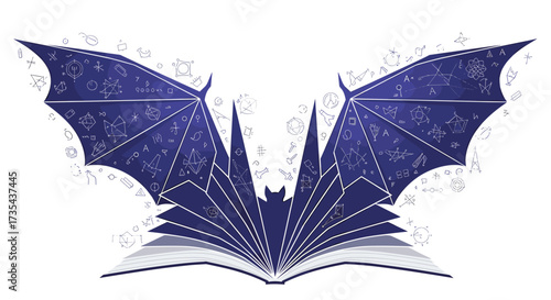 Mysterious Bat Wings Emerging from an Open Book, Generative AI.