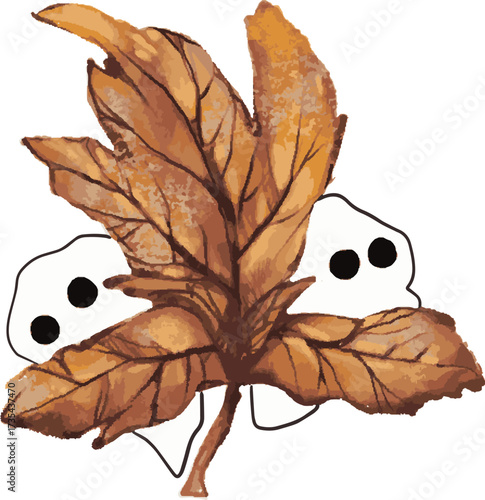 A playful illustration combining autumn and Halloween themes, featuring a detailed, textured brown and orange maple leaf on a light gray background. Simple white ghost outlines with black eyes are pla
