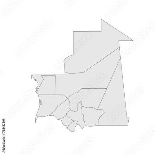 Mauritania political map of administrative divisions - regions and Nouakchott departments. Grey blank vector editable map EPS.