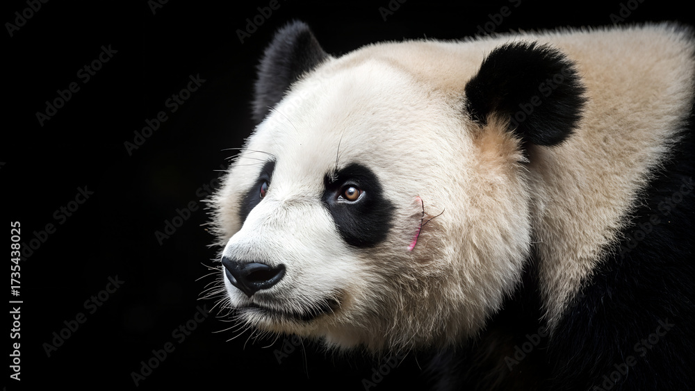 Fototapeta premium Close-up portrait of giant panda with scar on face looking sideways against dark background perfect for wildlife conservation visuals, animal photography and endangered species awareness
