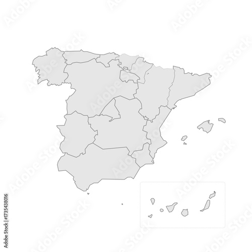 Spain political map of administrative divisions - autonomous communities and autonomous cities of Ceuta and Melilla. Grey blank vector editable map EPS.
