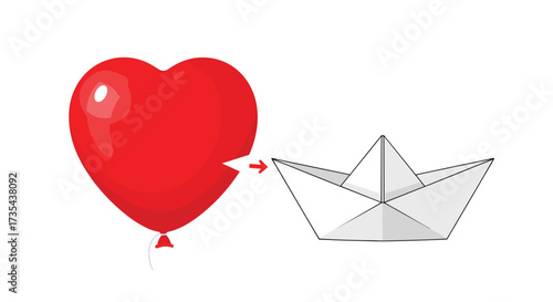 Red heart balloon with a bite taken out next to a paper boat, Generative AI.