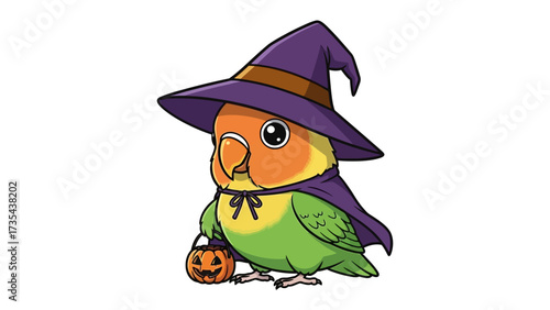 Halloween Parrot: An adorable parrot, dressed in a witch costume, holding a pumpkin treat, celebrating Halloween in a fun and spooky setting.