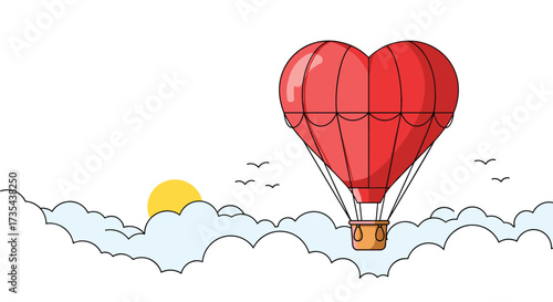 Red Heart Shaped Hot Air Balloon Floating Above Clouds, Generative AI.