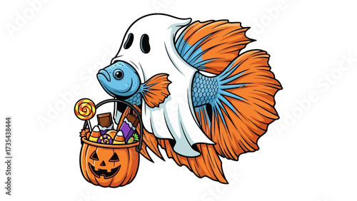 Spooky Betta Halloween: A festive illustration of a Betta fish in a playful ghost costume, holding a carved pumpkin-shaped basket overflowing with Halloween candy.