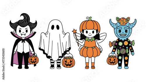 Halloween Costume Collection: Cute illustrations of costumed figures, featuring a vampire, ghost, fairy, and monster, each carrying a jack-o'-lantern.