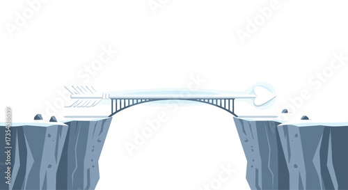 Snow covered bridge connecting two snowy cliffs, Generative AI.