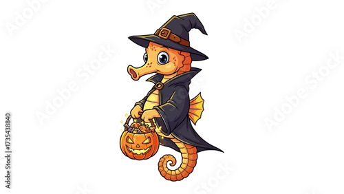 Sea Horse in Halloween: A cute and whimsical sea horse dressed up in a Halloween costume, holding a carved pumpkin lantern.