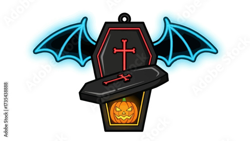Halloween Coffin and Pumpkin: An eye-catching illustration of a stylized coffin, accented with luminous bat wings and a carved pumpkin, creating a thrilling image that celebrates Halloween.