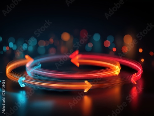 Circular Flow: A mesmerizing visual representing the cyclical nature of process, featuring illuminated arrow. The vibrant colors and blurred motion evoke a sense of movement and interconnectedness.