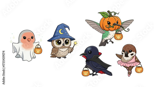 Halloween Bird Characters in costume : A vibrant collection of cartoon bird characters, all dressed up in whimsical Halloween costumes. The diverse group of birds are ready for trick-or-treating.
