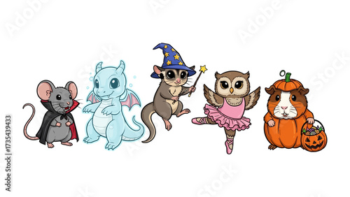 Whimsical Halloween Characters: An assortment of adorable, uniquely-dressed animal companions prepares for Halloween, capturing the essence of fun. 