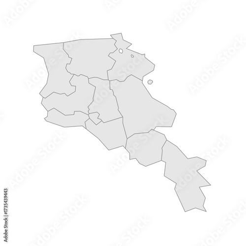 Armenia political map of administrative divisions - provinces and autonomous city of Yerevan. Grey blank vector editable map EPS.