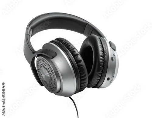 Over-ear headphones with black earcups, silver accents, and a thin audio cable